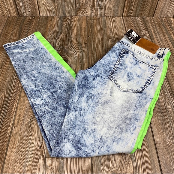 Neon Stripe Print Skinny Fit Denim Blue Wash-Green - Picture 6 of 7